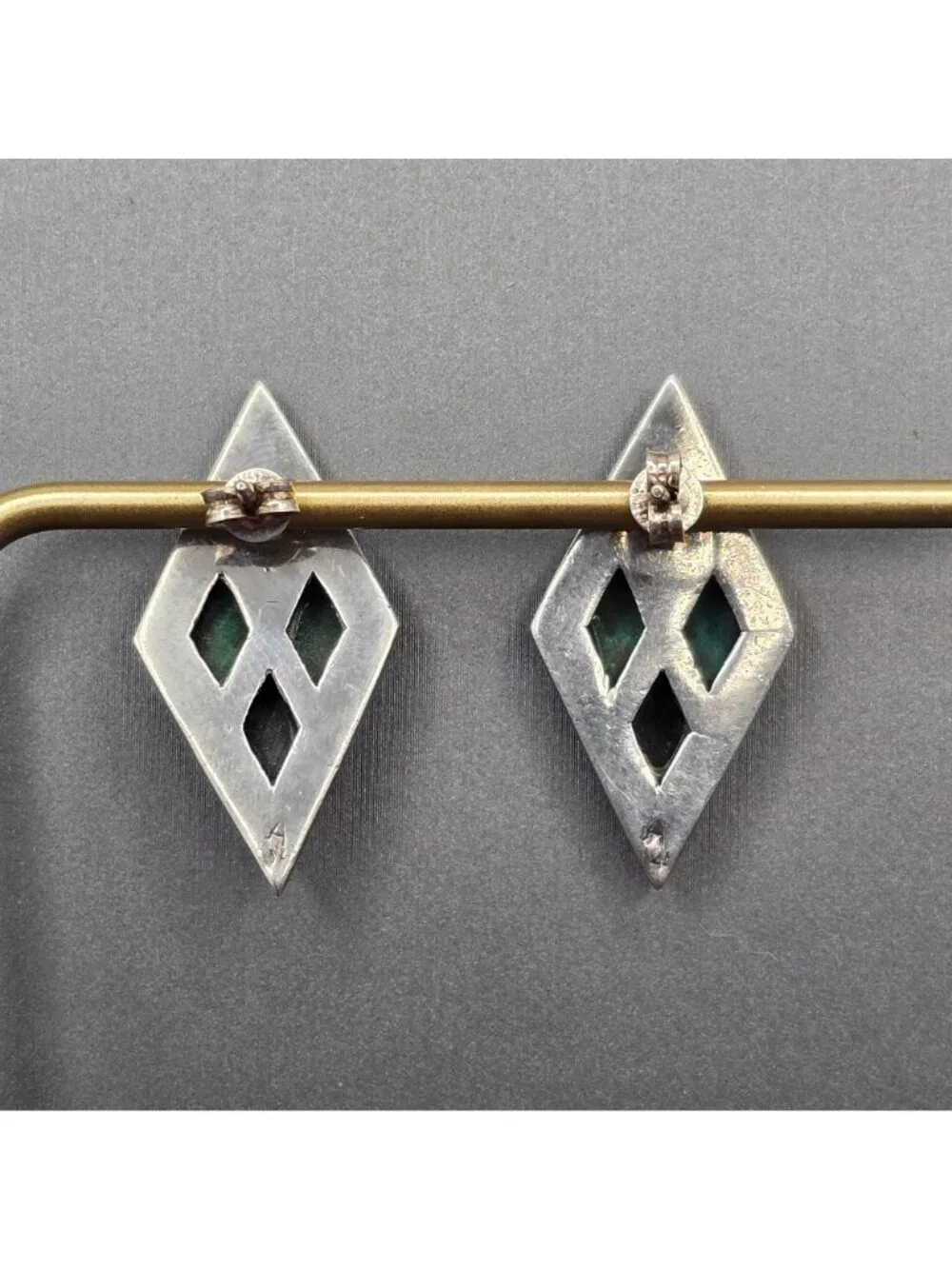 Sterling Silver Malachite Onyx Inlay Earrings Marcasite Border Artisan Signed A - Picture 5 of 12